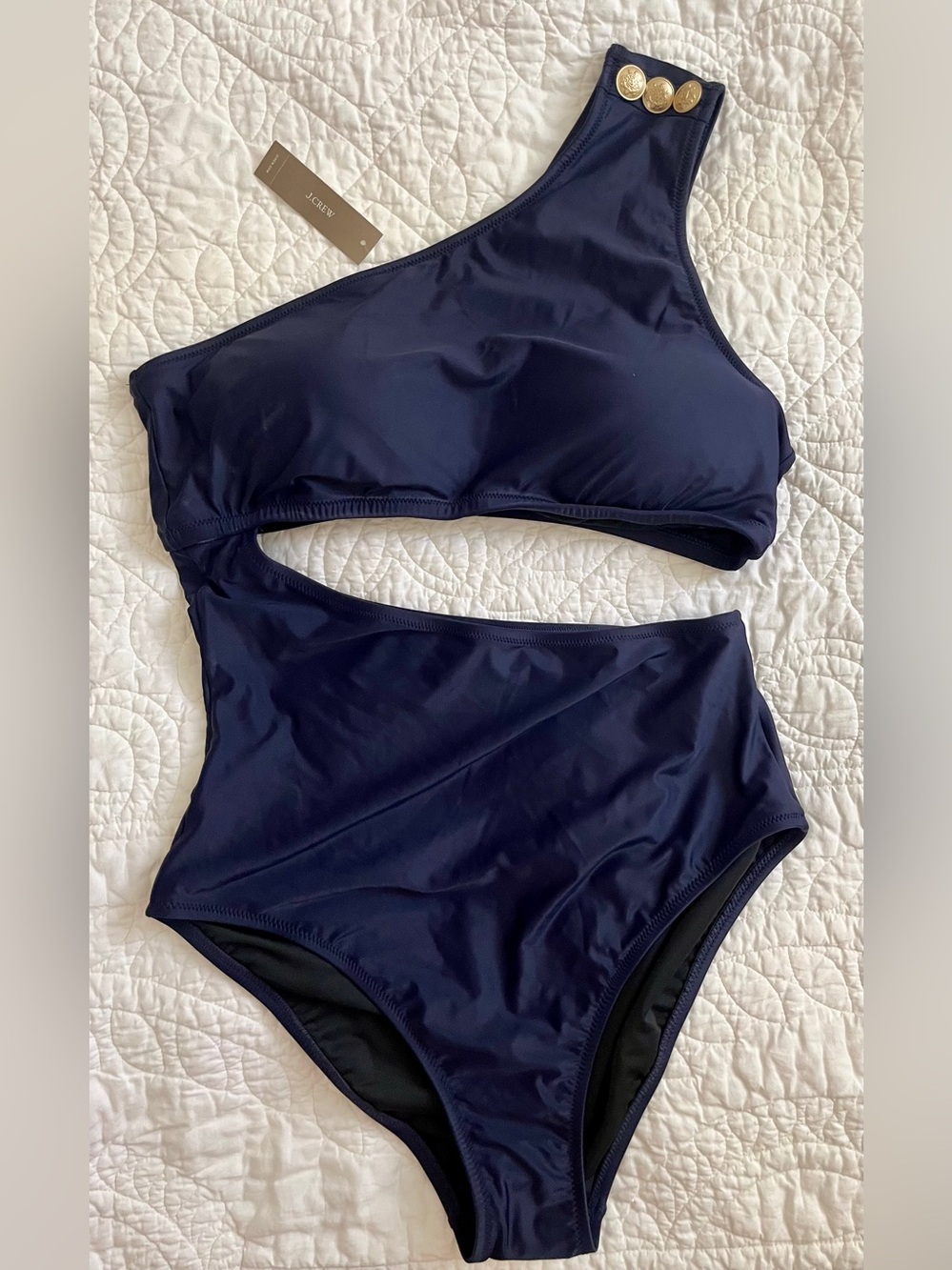 NWT J. Crew Navy One-Shoulder Cutout Swimsuit with Gold Buttons